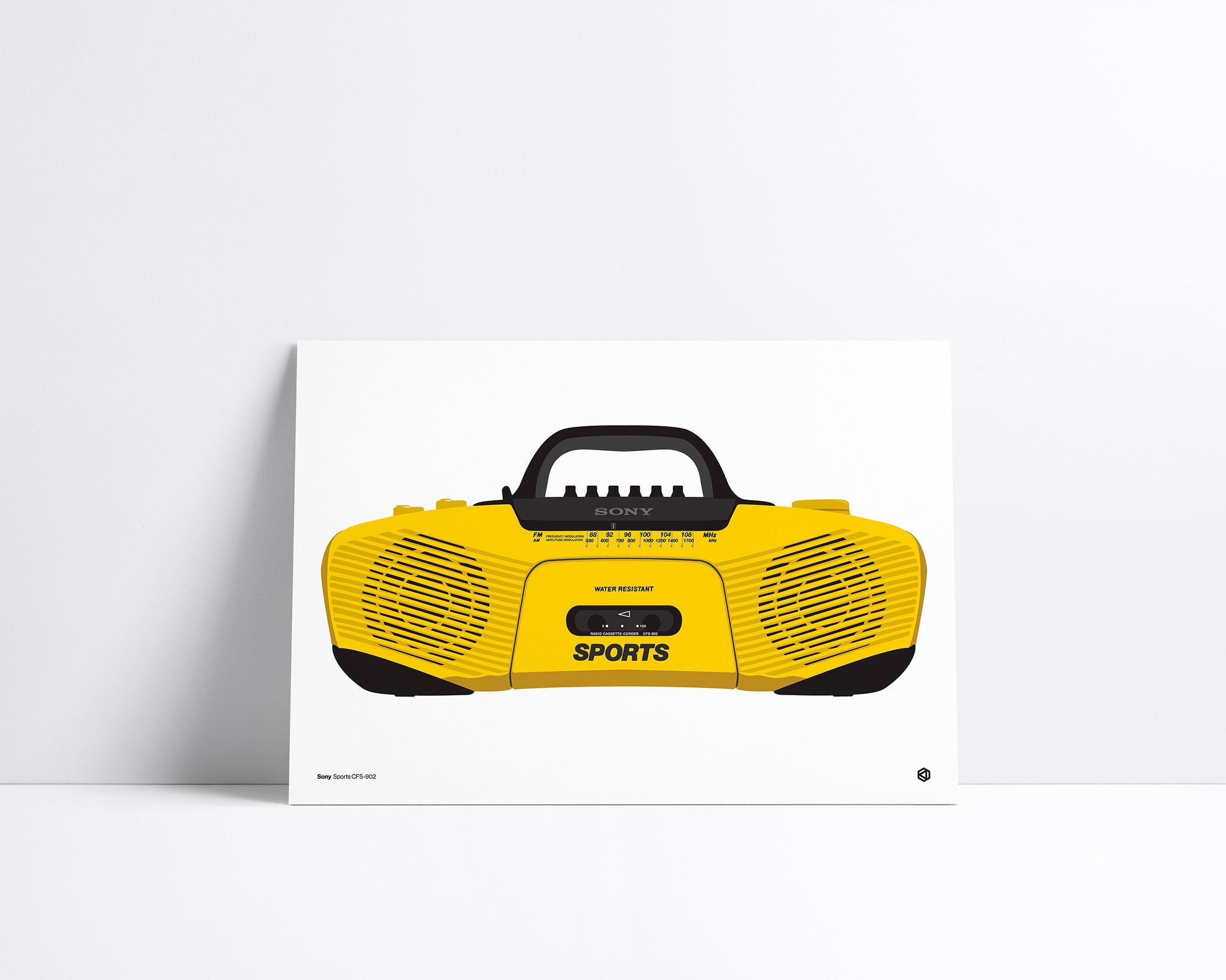 Yellow boombox with 'SPORTS' branding on a white background