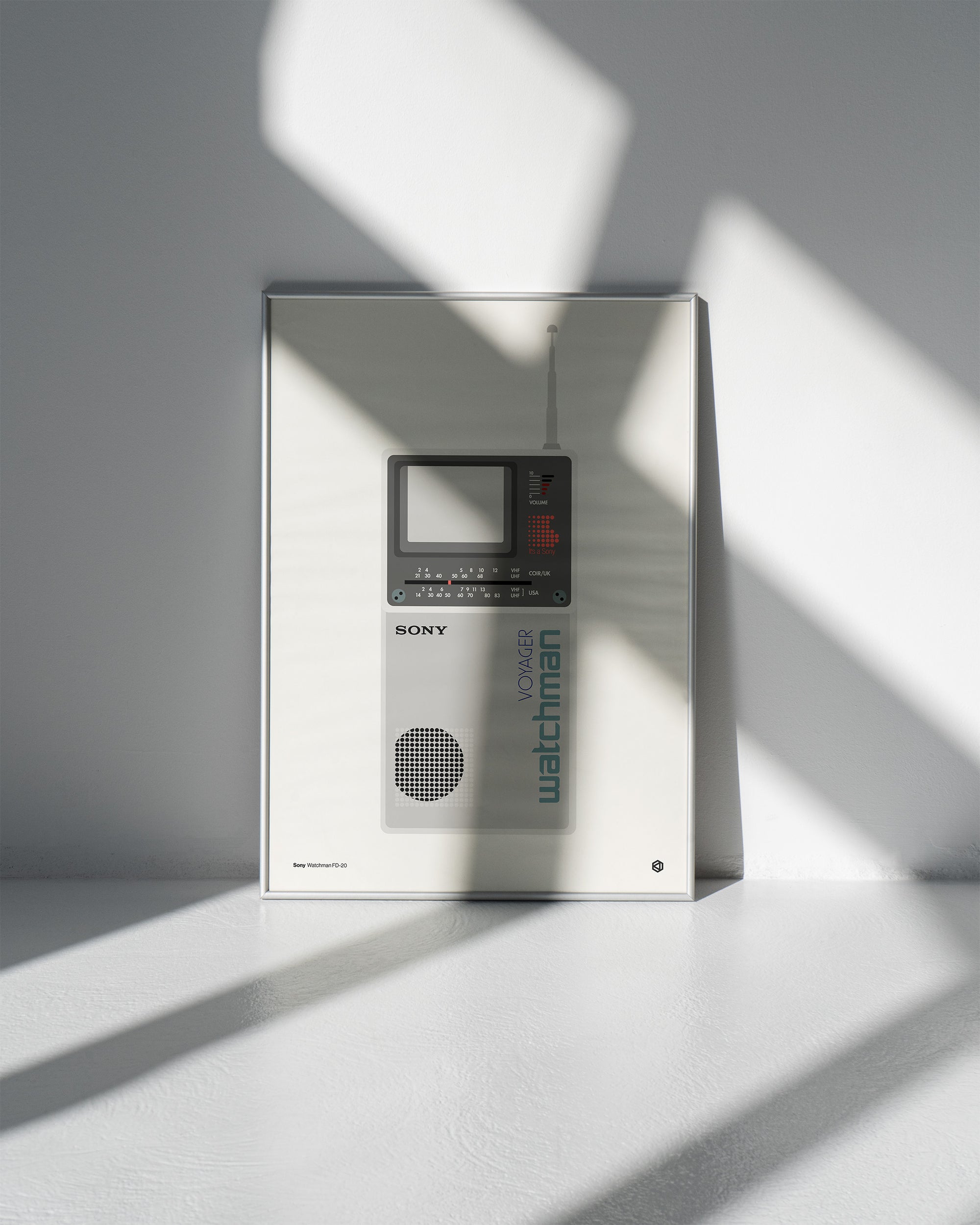 Sony Walkman on a white surface with shadows cast by geometric shapes