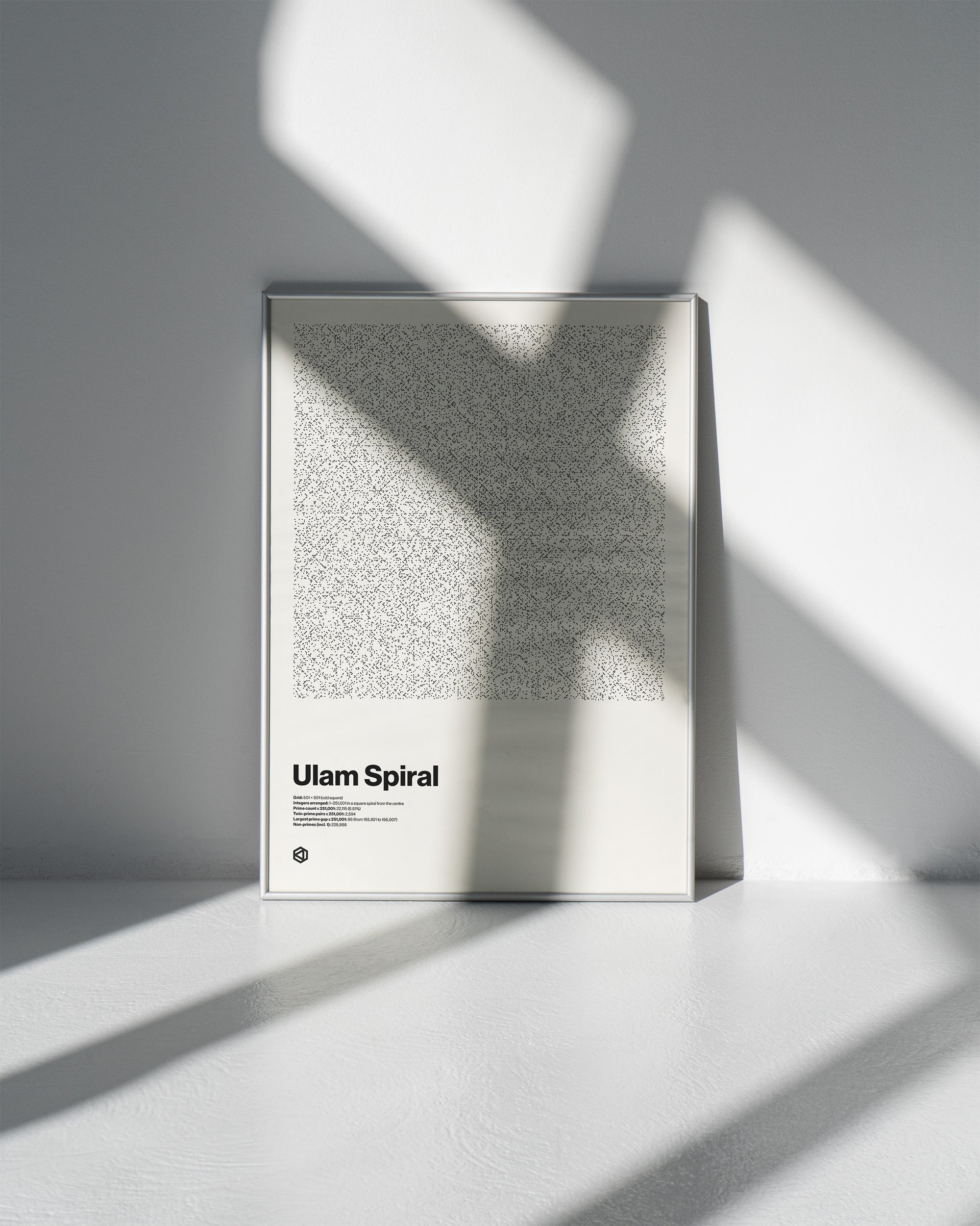 Black and white Ulam spiral print by Axisophy