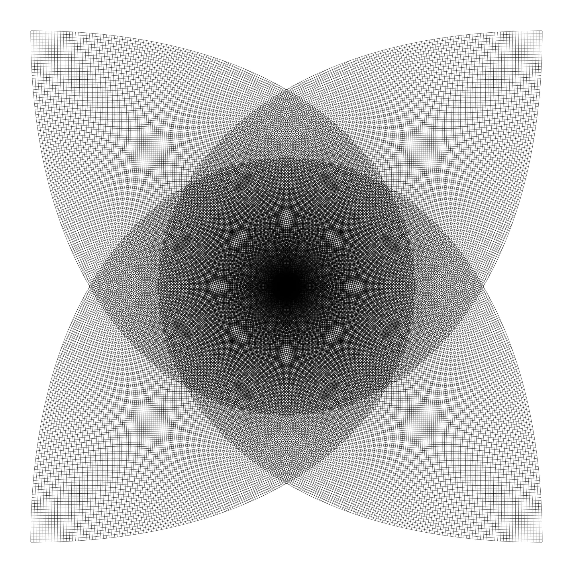 Geometric design with overlapping triangles and a central circle on a white background