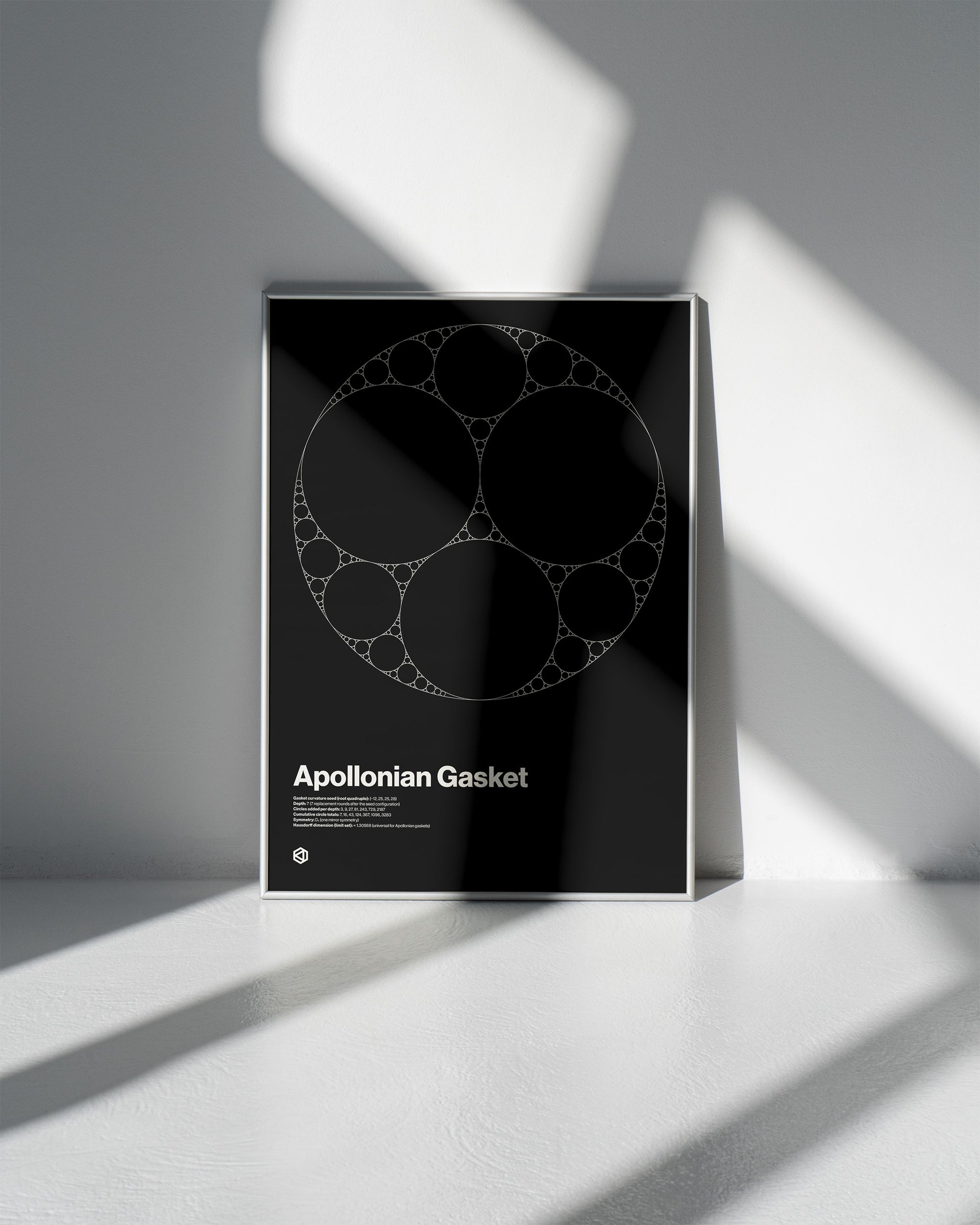Apollonian Gasket Black Edition fine art print - fractal geometry of tangent circles in monochrome