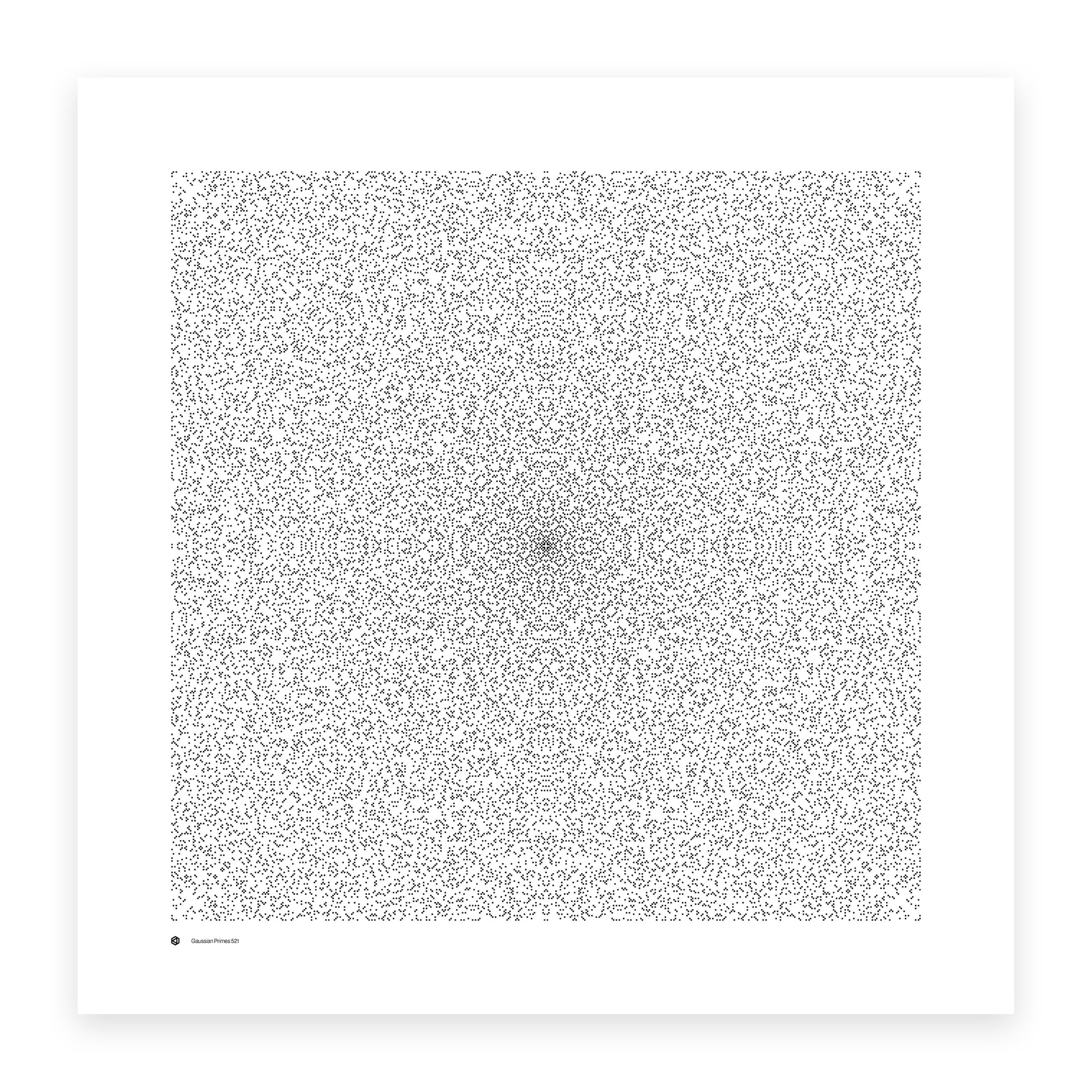Gaussian Primes 521 art print in monochrome - 33,648 complex primes on a 521 × 521 lattice