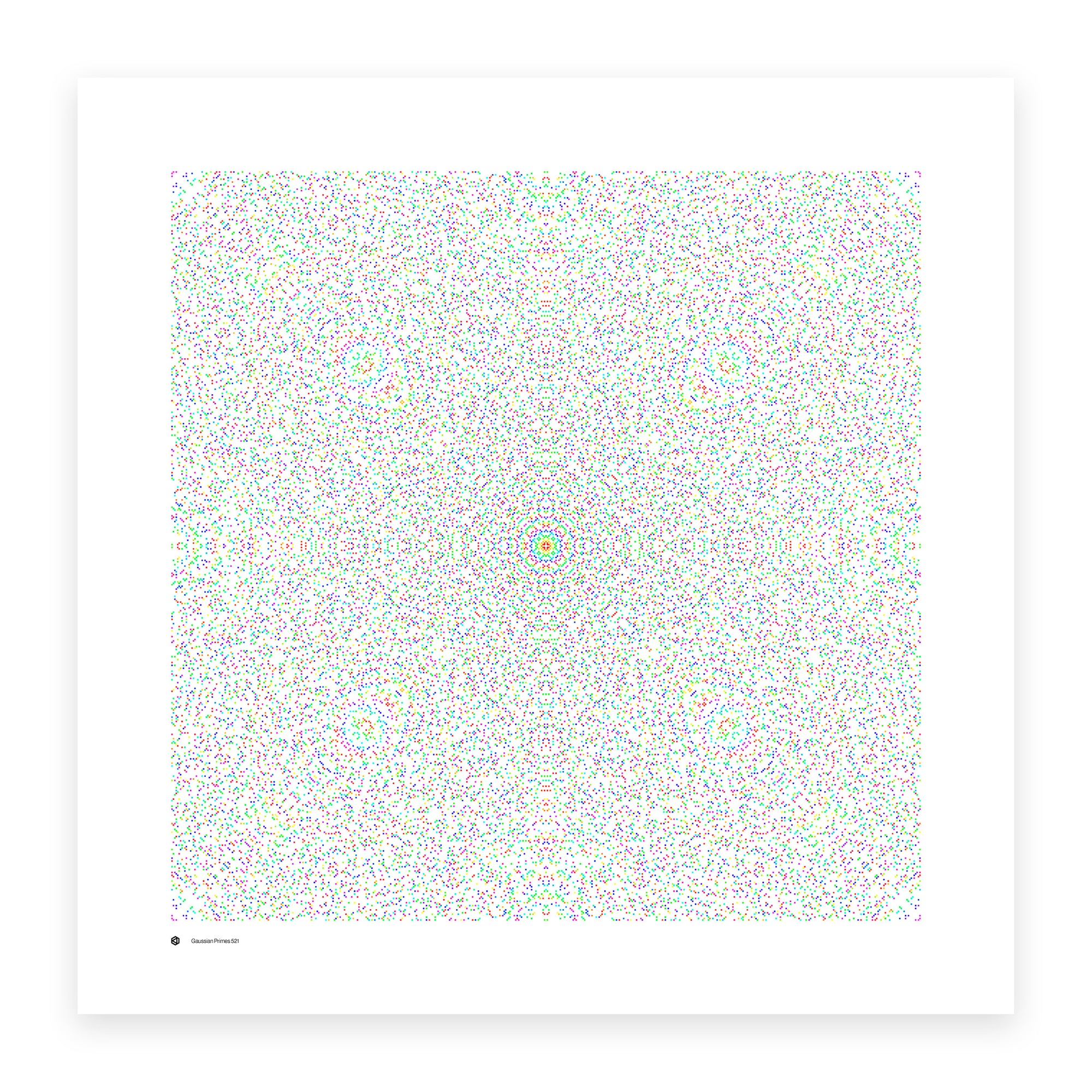Gaussian Primes 521 art print in full spectrum - primes coloured by distance from the origin