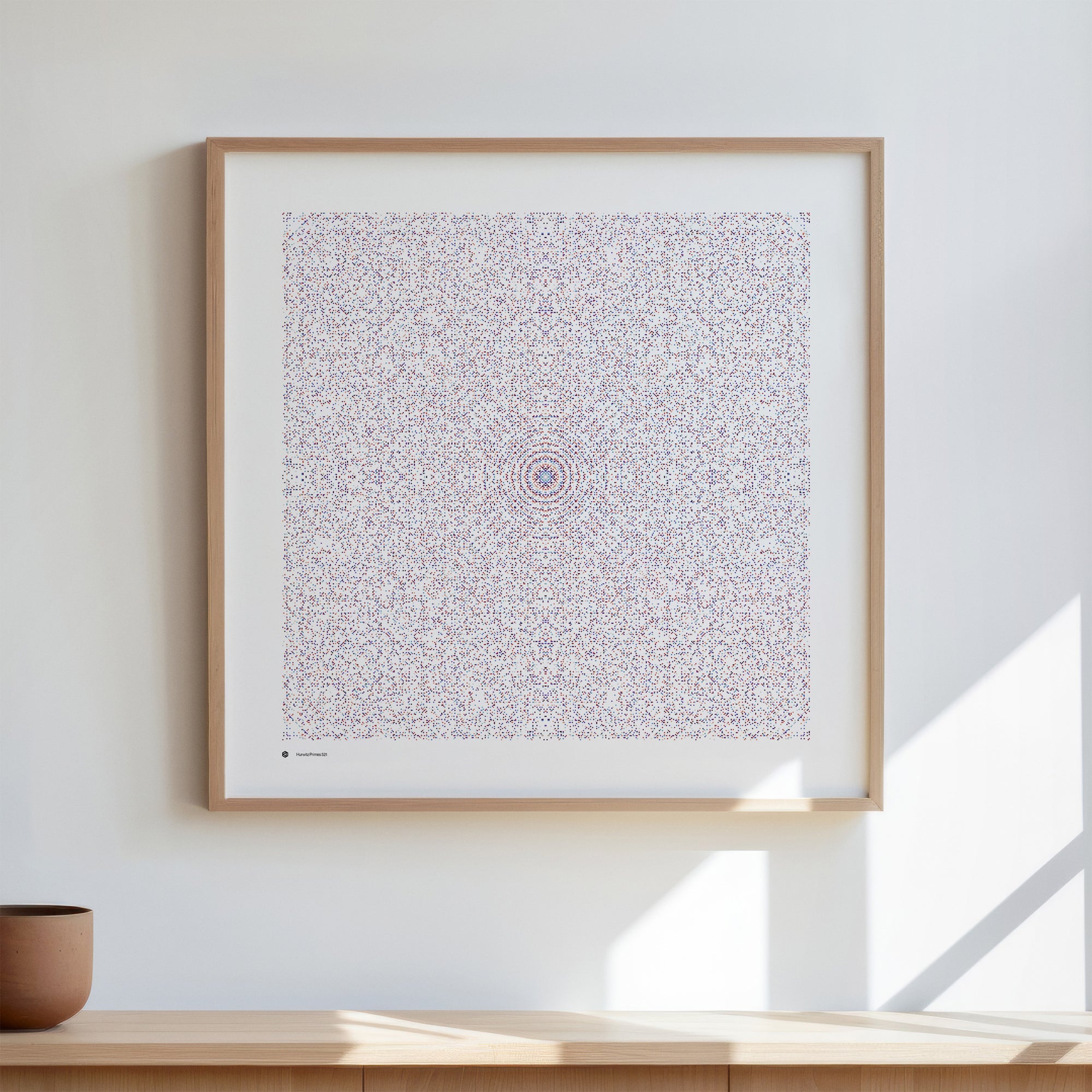 Hurwitz Primes 521 art print in muted twilight tones, in a wooden frame - Signature series