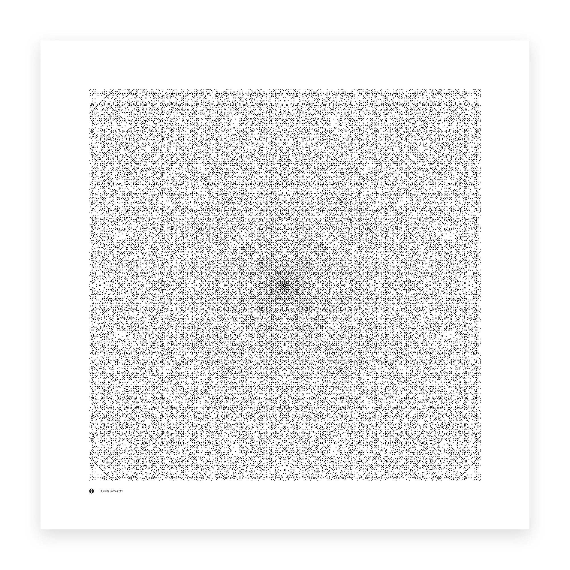 Hurwitz Primes 521 art print in monochrome - 44,489 quaternion primes on a 521 × 521 lattice