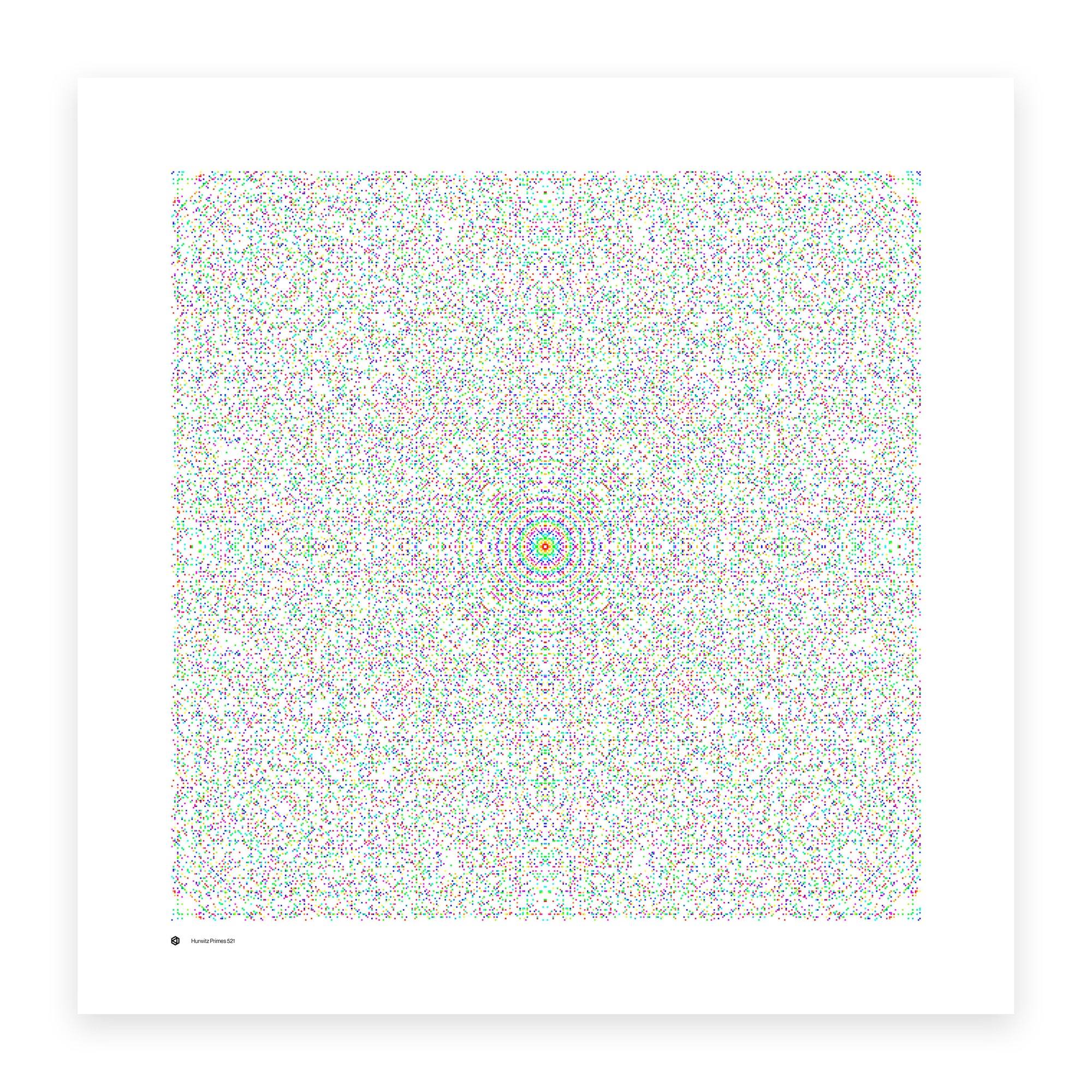 Hurwitz Primes 521 art print in full spectrum - primes coloured by distance from the origin