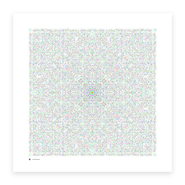 Hurwitz Primes 521 art print in full spectrum - primes coloured by distance from the origin