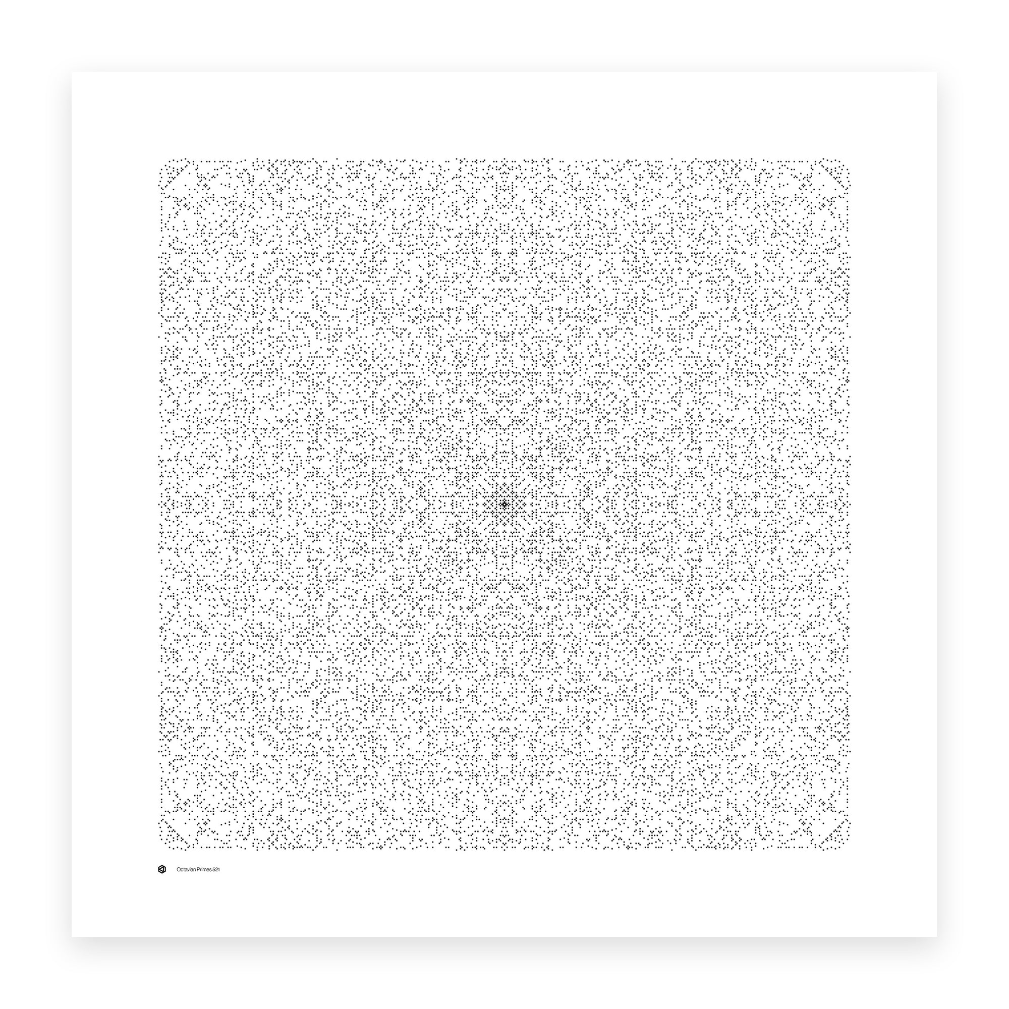 Octavian Primes 521 art print in monochrome - 22,572 octonion primes on a 521 × 521 lattice