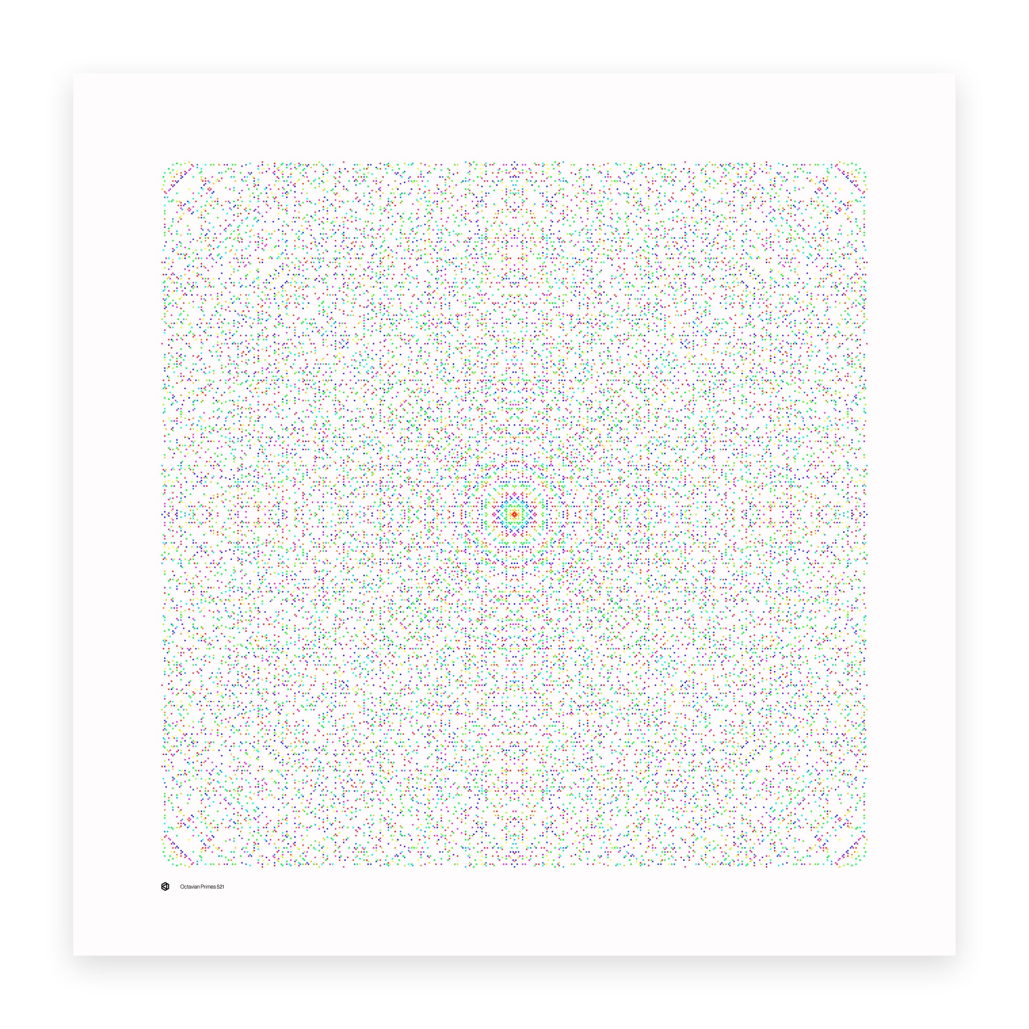 Octavian Primes 521 art print in full spectrum - primes coloured by distance from the origin
