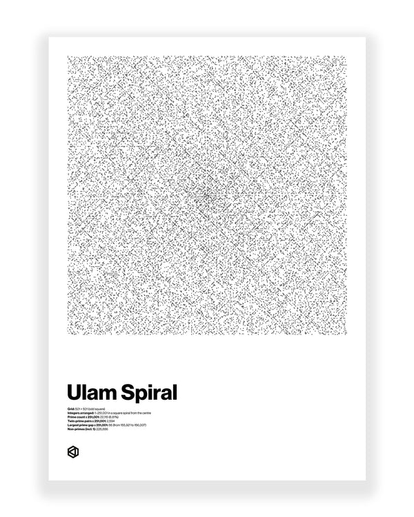 Ulam Spiral art print on a white background - Signature series
