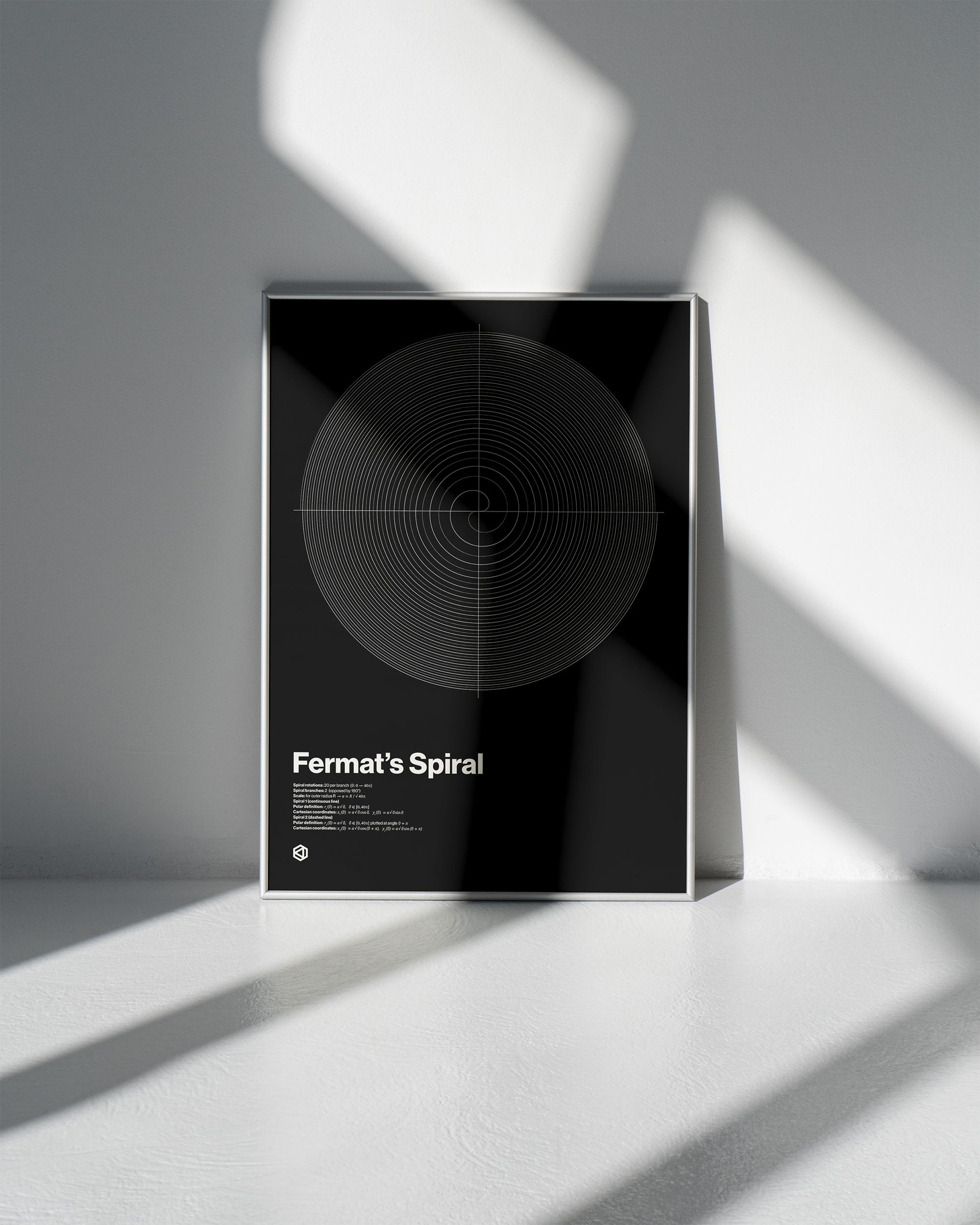 Fermat's Spiral Black Edition framed print in monochrome
