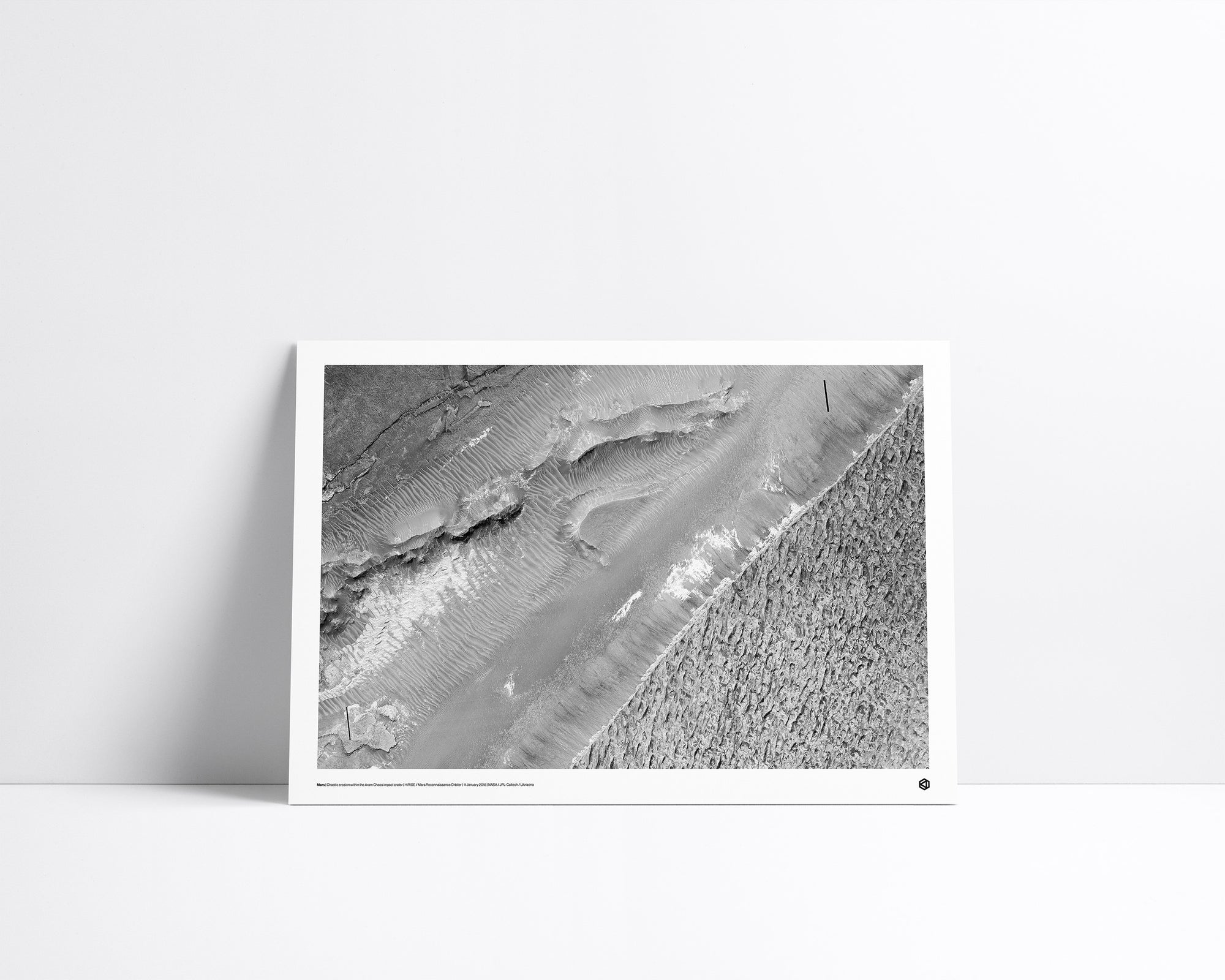 Mars Aram Chaos Impact Crater fine art print – high-resolution HiRISE image showing chaotic erosion and fractured Martian terrain
