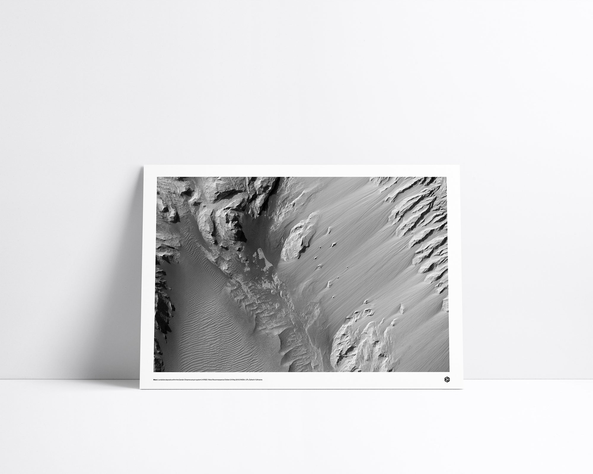 Mars Candor Chasma Canyon fine art print – HiRISE image showing landslide deposits and stratified rock formations within Valles Marineris