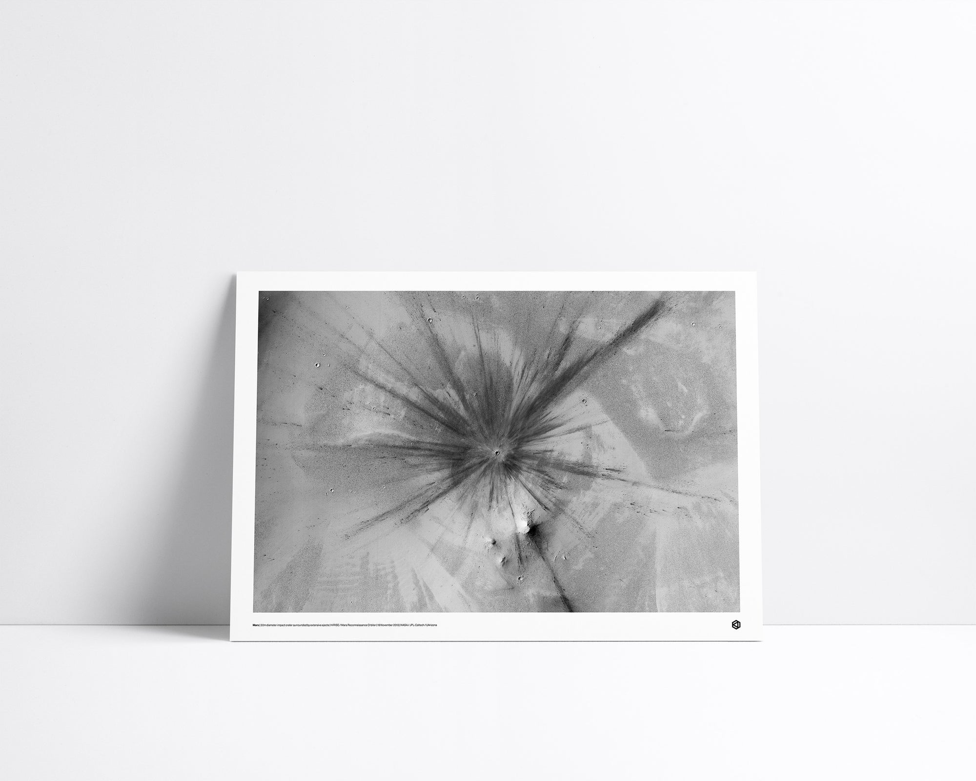 Mars Impact Crater Ejecta fine art print – HiRISE image showing 30-metre crater with dark rays of ejecta radiating across Martian surface