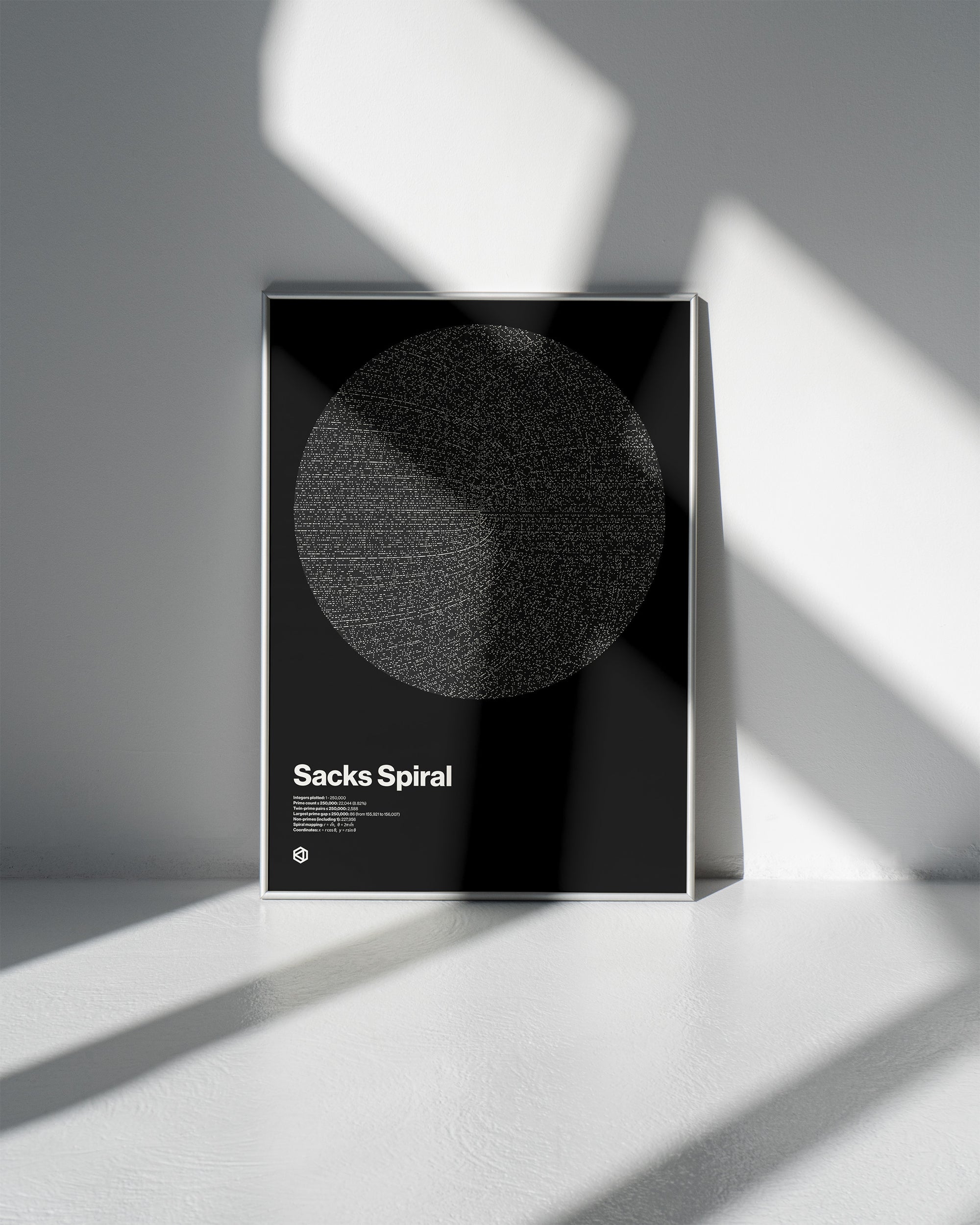 Sacks Spiral Minimal Black Edition fine art print - prime numbers mapped in spiral geometry revealing hidden mathematical patterns